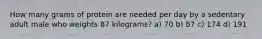 How many grams of protein are needed per day by a sedentary adult male who weights 87 kilograms? a) 70 b) 87 c) 174 d) 191