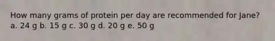 How many grams of protein per day are recommended for Jane? a. 24 g b. 15 g c. 30 g d. 20 g e. 50 g