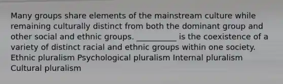 Many groups share elements of the mainstream culture while remaining culturally distinct from both the dominant group and other social and ethnic groups. __________ is the coexistence of a variety of distinct racial and ethnic groups within one society. Ethnic pluralism Psychological pluralism Internal pluralism Cultural pluralism