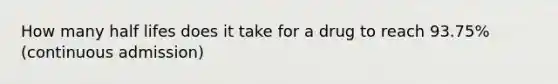 How many half lifes does it take for a drug to reach 93.75% (continuous admission)