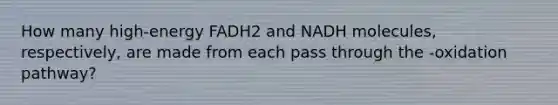 How many high-energy FADH2 and NADH molecules, respectively, are made from each pass through the -oxidation pathway?