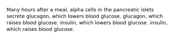 Many hours after a meal, alpha cells in the pancreatic islets secrete glucagon, which lowers blood glucose. glucagon, which raises blood glucose. insulin, which lowers blood glucose. insulin, which raises blood glucose.