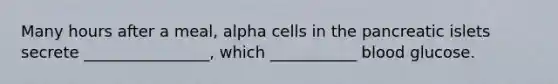 Many hours after a meal, alpha cells in the pancreatic islets secrete ________________, which ___________ blood glucose.