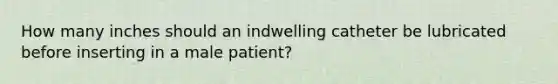 How many inches should an indwelling catheter be lubricated before inserting in a male patient?