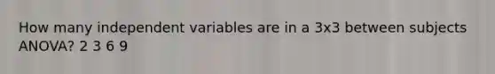 How many independent variables are in a 3x3 between subjects ANOVA? 2 3 6 9