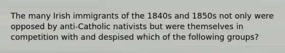 The many Irish immigrants of the 1840s and 1850s not only were opposed by anti-Catholic nativists but were themselves in competition with and despised which of the following groups?