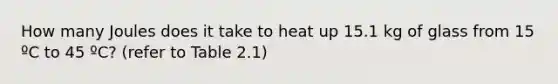 How many Joules does it take to heat up 15.1 kg of glass from 15 ºC to 45 ºC? (refer to Table 2.1)