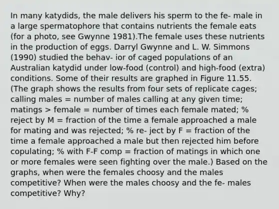 In many katydids, the male delivers his sperm to the fe- male in a large spermatophore that contains nutrients the female eats (for a photo, see Gwynne 1981).The female uses these nutrients in the production of eggs. Darryl Gwynne and L. W. Simmons (1990) studied the behav- ior of caged populations of an Australian katydid under low-food (control) and high-food (extra) conditions. Some of their results are graphed in Figure 11.55. (The graph shows the results from four sets of replicate cages; calling males = number of males calling at any given time; matings > female = number of times each female mated; % reject by M = fraction of the time a female approached a male for mating and was rejected; % re- ject by F = fraction of the time a female approached a male but then rejected him before copulating; % with F-F comp = fraction of matings in which one or more females were seen fighting over the male.) Based on the graphs, when were the females choosy and the males competitive? When were the males choosy and the fe- males competitive? Why?