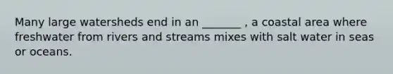 Many large watersheds end in an _______ , a coastal area where freshwater from rivers and streams mixes with salt water in seas or oceans.