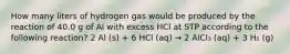 How many liters of hydrogen gas would be produced by the reaction of 40.0 g of Al with excess HCl at STP according to the following reaction? 2 Al (s) + 6 HCl (aq) → 2 AlCl₃ (aq) + 3 H₂ (g)