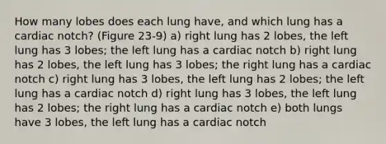 How many lobes does each lung have, and which lung has a cardiac notch? (Figure 23-9) a) right lung has 2 lobes, the left lung has 3 lobes; the left lung has a cardiac notch b) right lung has 2 lobes, the left lung has 3 lobes; the right lung has a cardiac notch c) right lung has 3 lobes, the left lung has 2 lobes; the left lung has a cardiac notch d) right lung has 3 lobes, the left lung has 2 lobes; the right lung has a cardiac notch e) both lungs have 3 lobes, the left lung has a cardiac notch