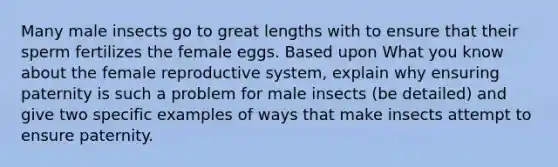 Many male insects go to great lengths with to ensure that their sperm fertilizes the female eggs. Based upon What you know about the female reproductive system, explain why ensuring paternity is such a problem for male insects (be detailed) and give two specific examples of ways that make insects attempt to ensure paternity.