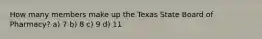 How many members make up the Texas State Board of Pharmacy? a) 7 b) 8 c) 9 d) 11