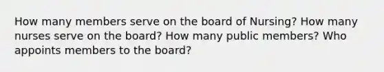 How many members serve on the board of Nursing? How many nurses serve on the board? How many public members? Who appoints members to the board?