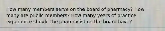 How many members serve on the board of pharmacy? How many are public members? How many years of practice experience should the pharmacist on the board have?