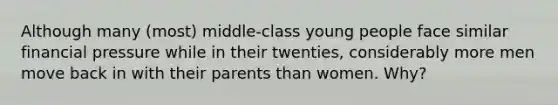 Although many (most) middle-class young people face similar financial pressure while in their twenties, considerably more men move back in with their parents than women. Why?