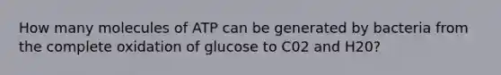 How many molecules of ATP can be generated by bacteria from the complete oxidation of glucose to C02 and H20?