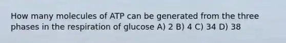 How many molecules of ATP can be generated from the three phases in the respiration of glucose A) 2 B) 4 C) 34 D) 38