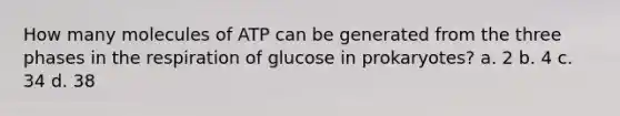 How many molecules of ATP can be generated from the three phases in the respiration of glucose in prokaryotes? a. 2 b. 4 c. 34 d. 38