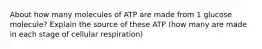 About how many molecules of ATP are made from 1 glucose molecule? Explain the source of these ATP (how many are made in each stage of cellular respiration)