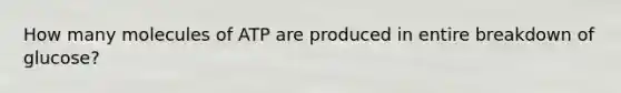 How many molecules of ATP are produced in entire breakdown of glucose?