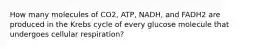 How many molecules of CO2, ATP, NADH, and FADH2 are produced in the Krebs cycle of every glucose molecule that undergoes cellular respiration?