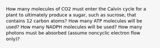 How many molecules of CO2 must enter the Calvin cycle for a plant to ultimately produce a sugar, such as sucrose, that contains 12 carbon atoms? How many ATP molecules will be used? How many NADPH molecules will be used? How many photons must be absorbed (assume non<a href='https://www.questionai.com/knowledge/ktXlRGlV4V-cyclic-electron-flow' class='anchor-knowledge'>cyclic electron flow</a> only)?