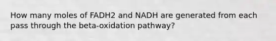 How many moles of FADH2 and NADH are generated from each pass through the beta-oxidation pathway?