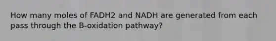 How many moles of FADH2 and NADH are generated from each pass through the B-oxidation pathway?