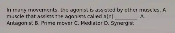 In many movements, the agonist is assisted by other muscles. A muscle that assists the agonists called a(n) _________. A. Antagonist B. Prime mover C. Mediator D. Synergist