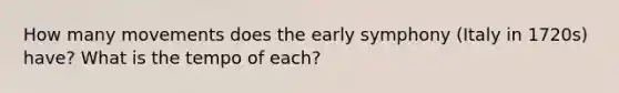 How many movements does the early symphony (Italy in 1720s) have? What is the tempo of each?