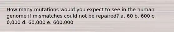 How many mutations would you expect to see in the human genome if mismatches could not be repaired? a. 60 b. 600 c. 6,000 d. 60,000 e. 600,000