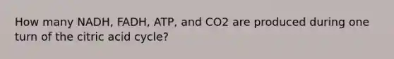 How many NADH, FADH, ATP, and CO2 are produced during one turn of the citric acid cycle?