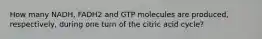 How many NADH, FADH2 and GTP molecules are produced, respectively, during one turn of the citric acid cycle?