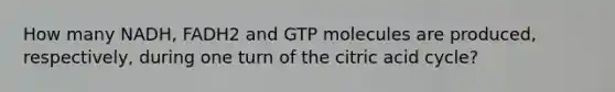 How many NADH, FADH2 and GTP molecules are produced, respectively, during one turn of the citric acid cycle?