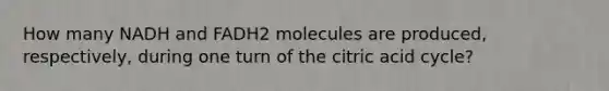 How many NADH and FADH2 molecules are produced, respectively, during one turn of the citric acid cycle?