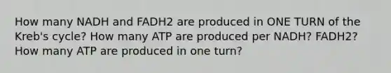 How many NADH and FADH2 are produced in ONE TURN of the Kreb's cycle? How many ATP are produced per NADH? FADH2? How many ATP are produced in one turn?