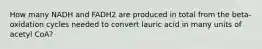 How many NADH and FADH2 are produced in total from the beta-oxidation cycles needed to convert lauric acid in many units of acetyl CoA?