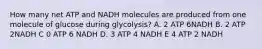 How many net ATP and NADH molecules are produced from one molecule of glucose during glycolysis? A. 2 ATP 6NADH B. 2 ATP 2NADH C 0 ATP 6 NADH D. 3 ATP 4 NADH E 4 ATP 2 NADH