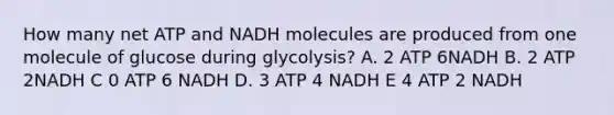 How many net ATP and NADH molecules are produced from one molecule of glucose during glycolysis? A. 2 ATP 6NADH B. 2 ATP 2NADH C 0 ATP 6 NADH D. 3 ATP 4 NADH E 4 ATP 2 NADH