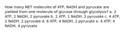 How many NET molecules of ATP, NADH and pyruvate are yielded from one molecule of glucose through glycolysis? a. 2 ATP, 2 NADH, 2 pyruvate b. 2 ATP, 1 NADH, 2 pyruvate c. 4 ATP, 2 NADH, 2 pyruvate d. 6 ATP, 4 NADH, 2 pyruvate e. 4 ATP, 4 NADH, 4 pyruvate