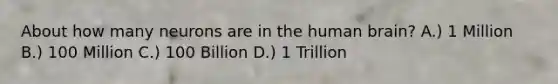 About how many neurons are in the human brain? A.) 1 Million B.) 100 Million C.) 100 Billion D.) 1 Trillion
