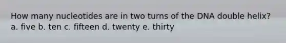 How many nucleotides are in two turns of the DNA double helix? a. five b. ten c. fifteen d. twenty e. thirty