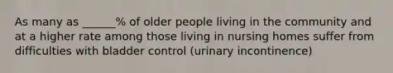 As many as ______% of older people living in the community and at a higher rate among those living in nursing homes suffer from difficulties with bladder control (urinary incontinence)