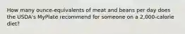 How many ounce-equivalents of meat and beans per day does the USDA's MyPlate recommend for someone on a 2,000-calorie diet?