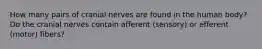 How many pairs of cranial nerves are found in the human body? Do the cranial nerves contain afferent (sensory) or efferent (motor) fibers?