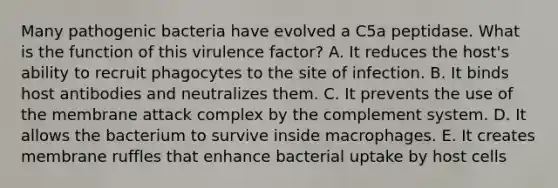 Many pathogenic bacteria have evolved a C5a peptidase. What is the function of this virulence factor? A. It reduces the host's ability to recruit phagocytes to the site of infection. B. It binds host antibodies and neutralizes them. C. It prevents the use of the membrane attack complex by the complement system. D. It allows the bacterium to survive inside macrophages. E. It creates membrane ruffles that enhance bacterial uptake by host cells