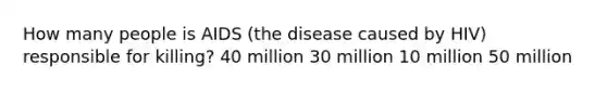 How many people is AIDS (the disease caused by HIV) responsible for killing? 40 million 30 million 10 million 50 million