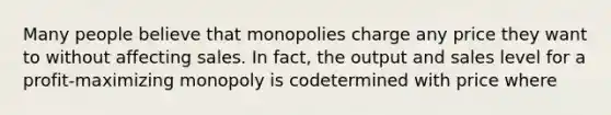 Many people believe that monopolies charge any price they want to without affecting sales. In fact, the output and sales level for a profit-maximizing monopoly is codetermined with price where