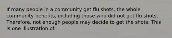 If many people in a community get flu shots, the whole community benefits, including those who did not get flu shots. Therefore, not enough people may decide to get the shots. This is one illustration of: